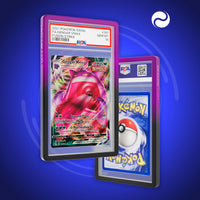 Front and back view of a PSA slab in Gradient Void Dragonscale bumper guard, featuring a Gengar V Fusion Strike PSA 10 Pokemon card.
