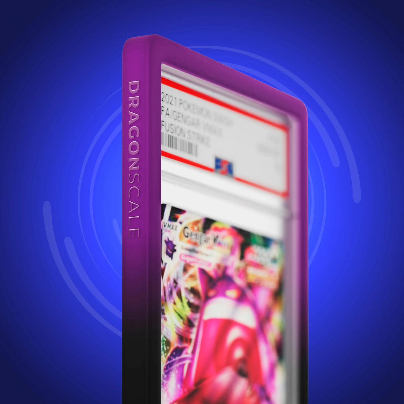 Close up logo zoom view of a PSA slab in Gradient Void Dragonscale bumper guard, featuring a Gengar V Fusion Strike PSA 10 Pokemon card.