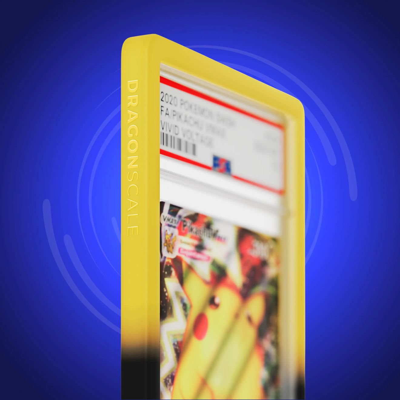 Close up logo zoom view of a PSA slab in Gradient Voltage Dragonscale bumper guard, featuring a Pikachu VMAX Vivid Voltage PSA 10 Pokemon card.