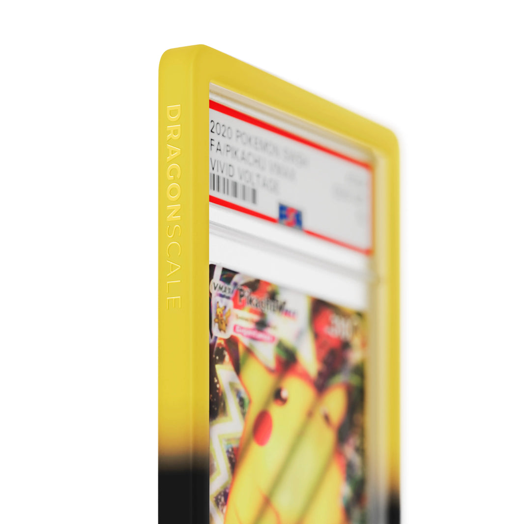 Close up logo zoom view of a PSA slab in Gradient Voltage Dragonscale bumper guard, featuring a Pikachu VMAX Vivid Voltage PSA 10 Pokemon card.