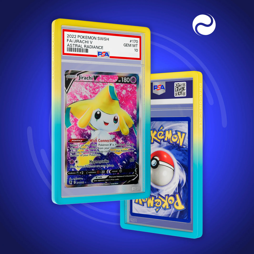 Front and back view of a PSA slab in Gradient Wish Dragonscale bumper guard,featuring a Jirachi V Astral Radiance PSA 10 Pokemon card.