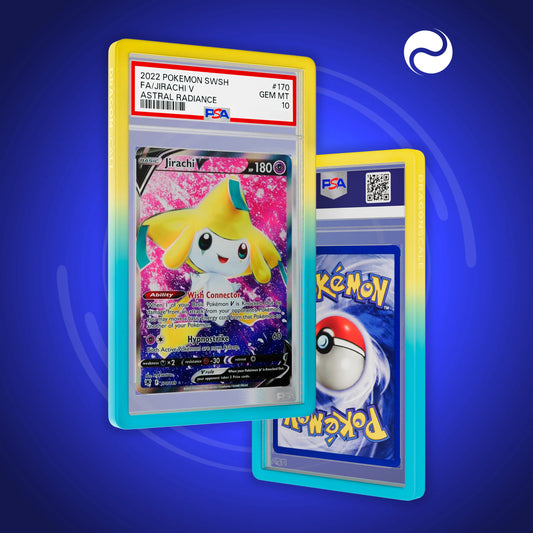 Front and back view of a PSA slab in Gradient Wish Dragonscale bumper guard,featuring a Jirachi V Astral Radiance PSA 10 Pokemon card.