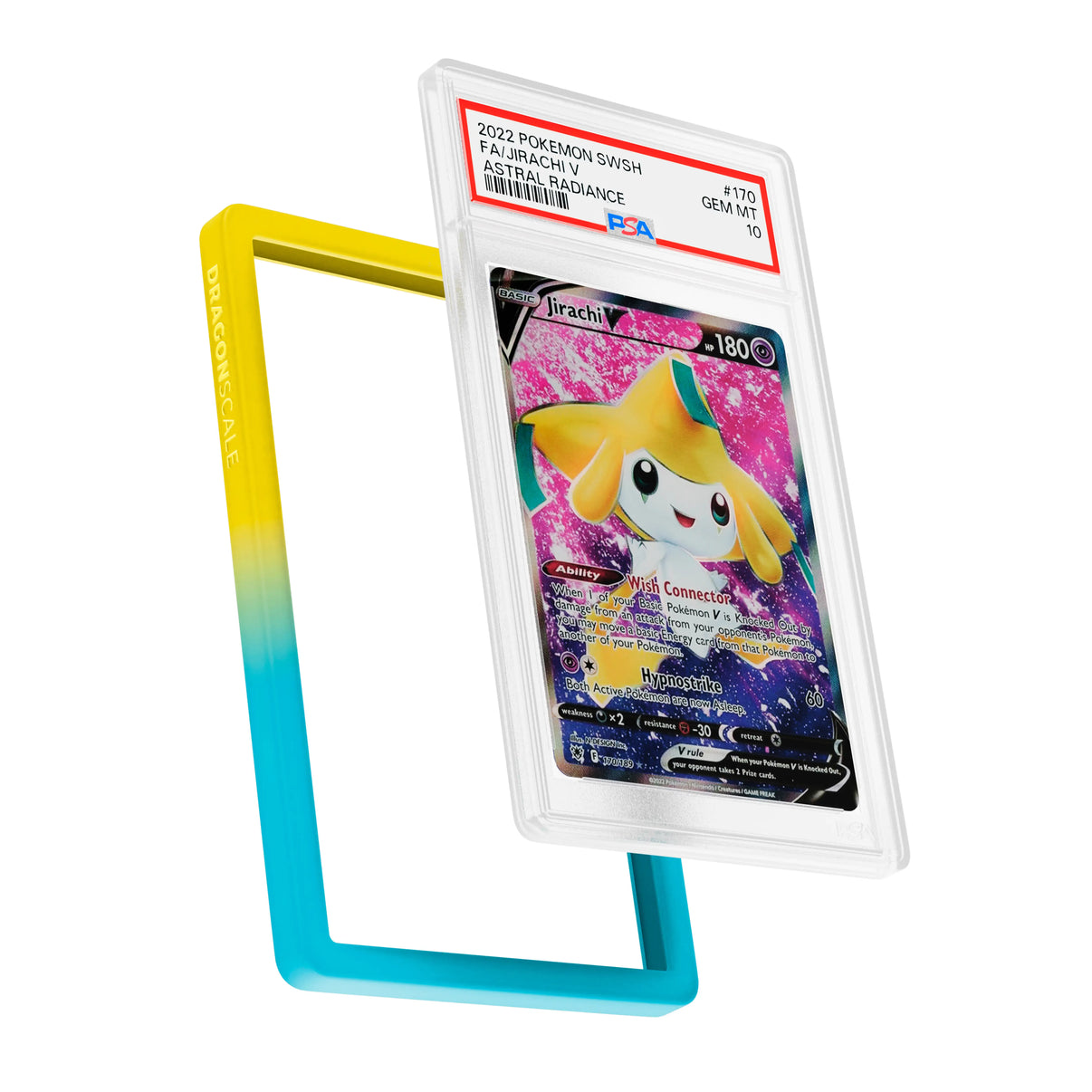 Display and demo view of a PSA slab in Gradient Wish Dragonscale bumper guard, featuring a Jirachi V Astral Radiance PSA 10 Pokemon card.