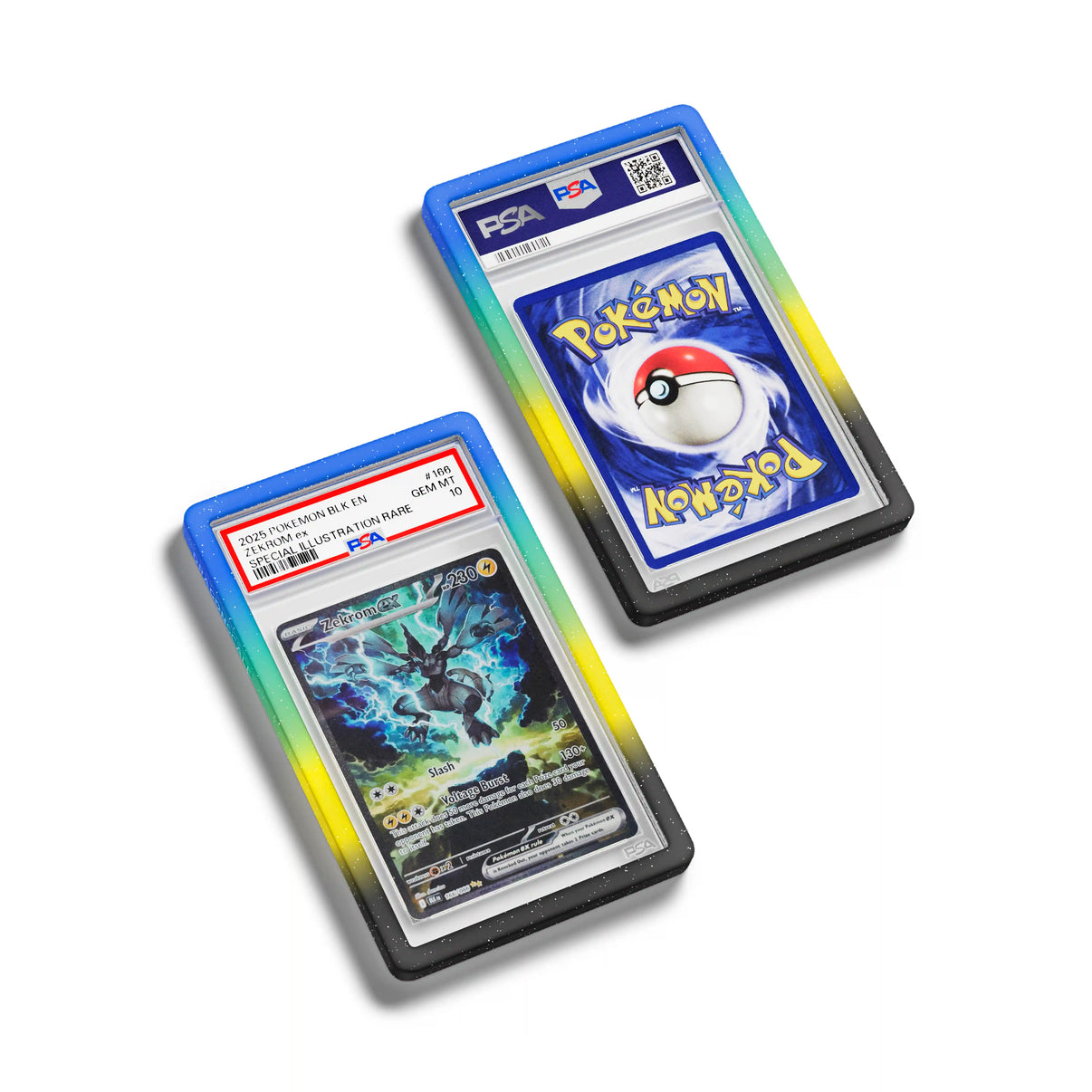 Top-down flat view of a PSA slab in Mythic Aftershock Dragonscale bumper guard, featuring a Zekrom ex Black Bolt PSA 10 Pokemon card.
