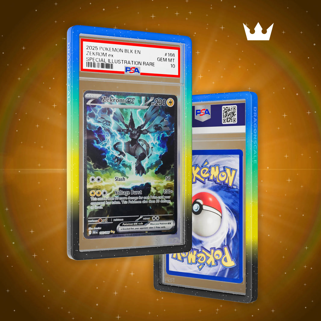 Front and back view of a PSA slab in Mythic Aftershock Dragonscale bumper guard,featuring a Zekrom ex Black Bolt PSA 10 Pokemon card.
