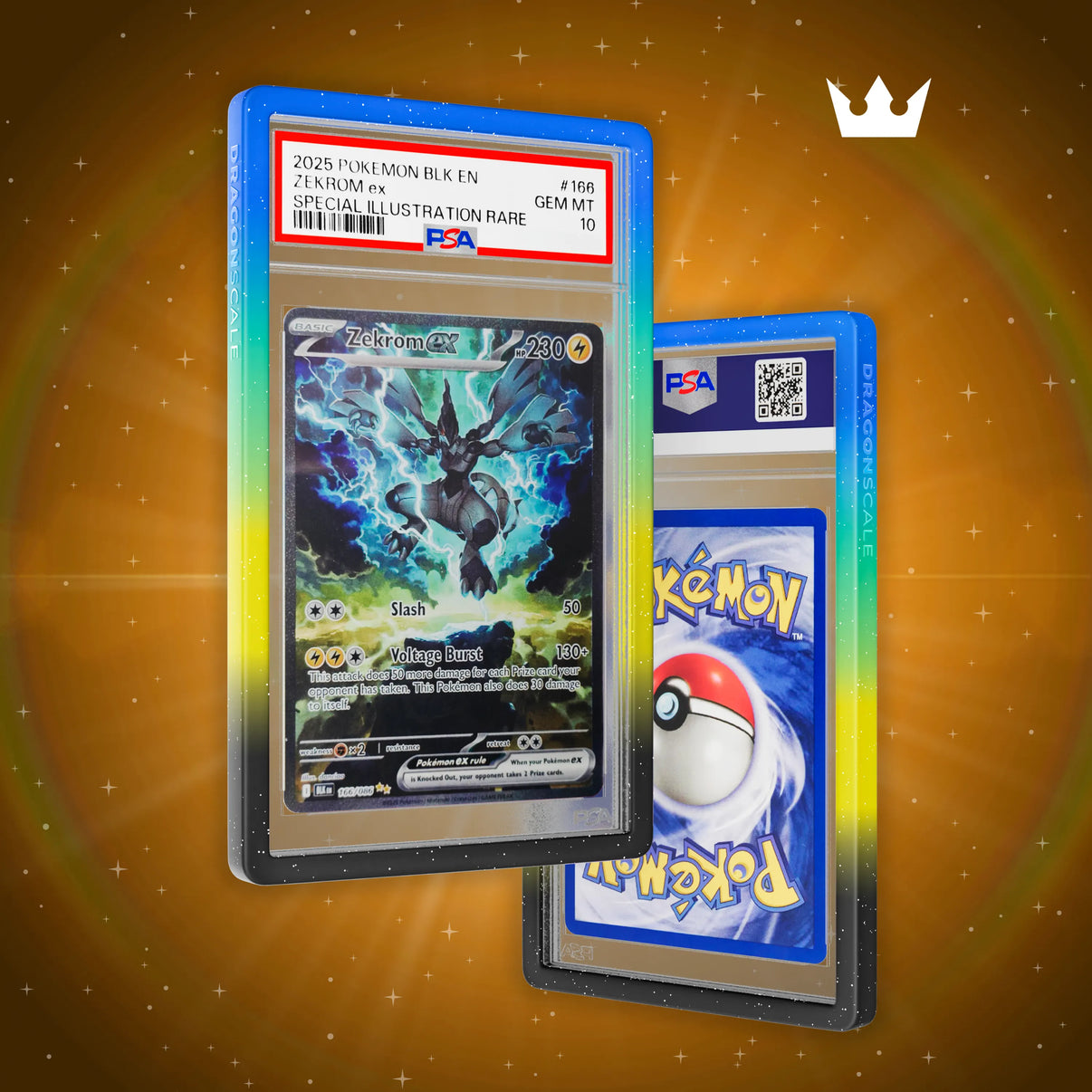 Front and back view of a PSA slab in Mythic Aftershock Dragonscale bumper guard,featuring a Zekrom ex Black Bolt PSA 10 Pokemon card.
