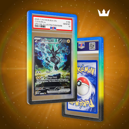 Front and back view of a PSA slab in Mythic Aftershock Dragonscale bumper guard,featuring a Zekrom ex Black Bolt PSA 10 Pokemon card.
