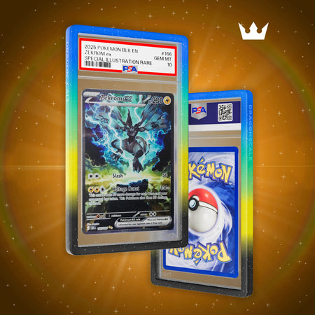Front and back view of a PSA slab in Mythic Aftershock Dragonscale bumper guard,featuring a Zekrom ex Black Bolt PSA 10 Pokemon card.
