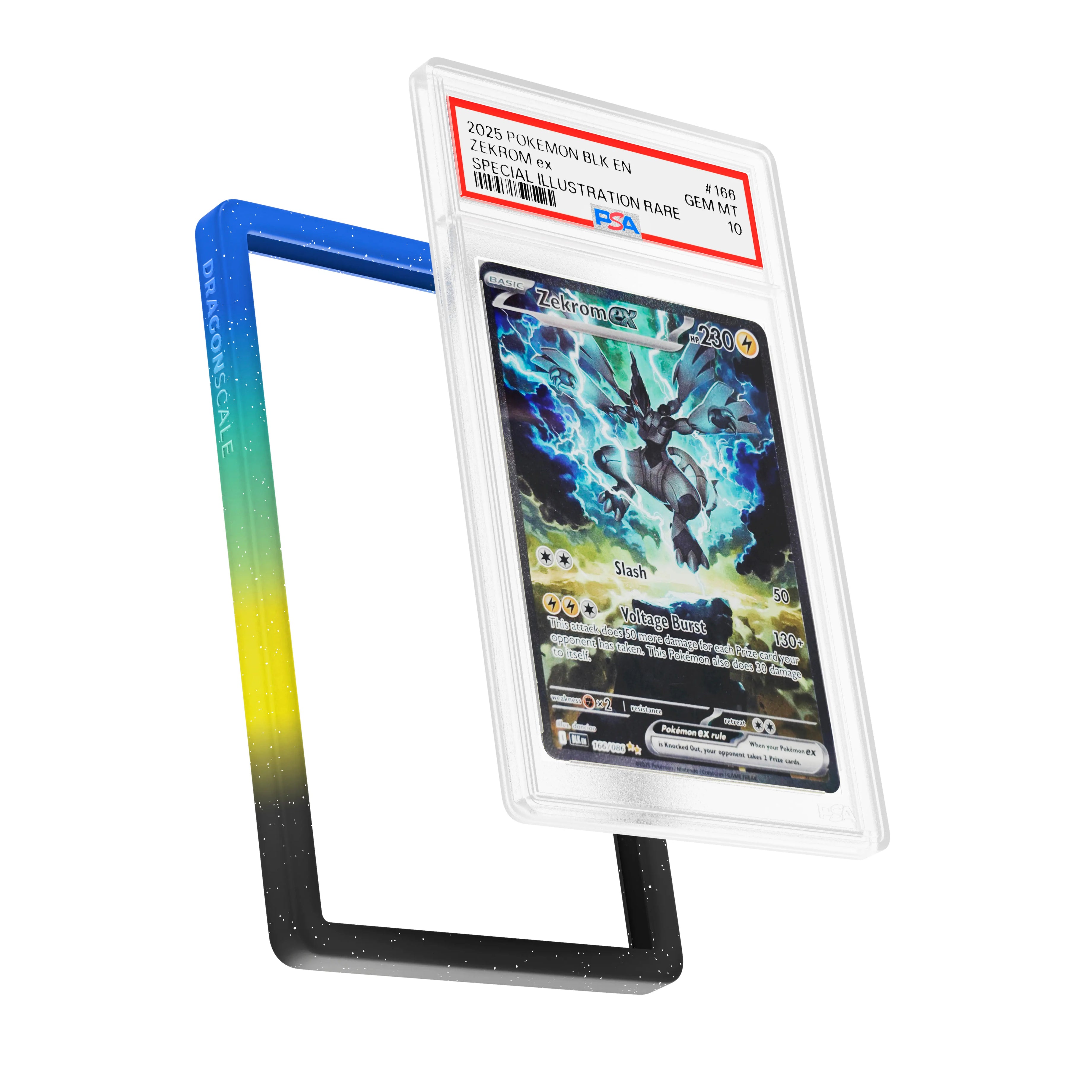 Display and demo view of a PSA slab in Mythic Aftershock Dragonscale bumper guard, featuring a Zekrom ex Black Bolt PSA 10 Pokemon card.
