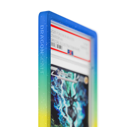 Close up logo zoom view of a PSA slab in Mythic Aftershock Dragonscale bumper guard, featuring a Zekrom ex Black Bolt PSA 10 Pokemon card.
