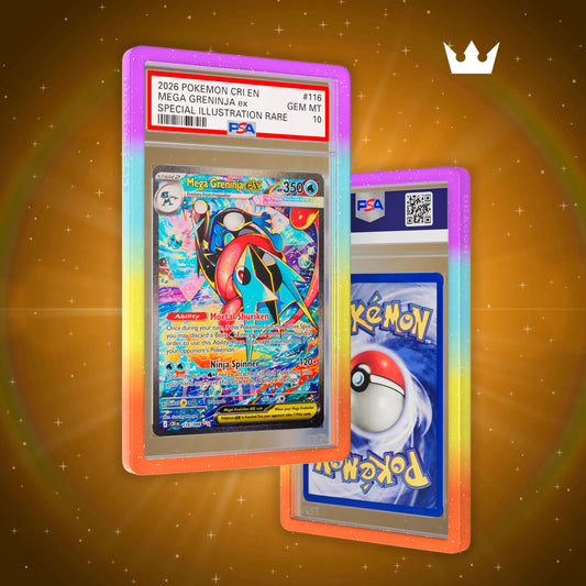 Front and back view of a PSA slab in Mythic Celestial Dragonscale bumper guard, featuring a Mega Greninja ex PSA 10 Pokemon card.