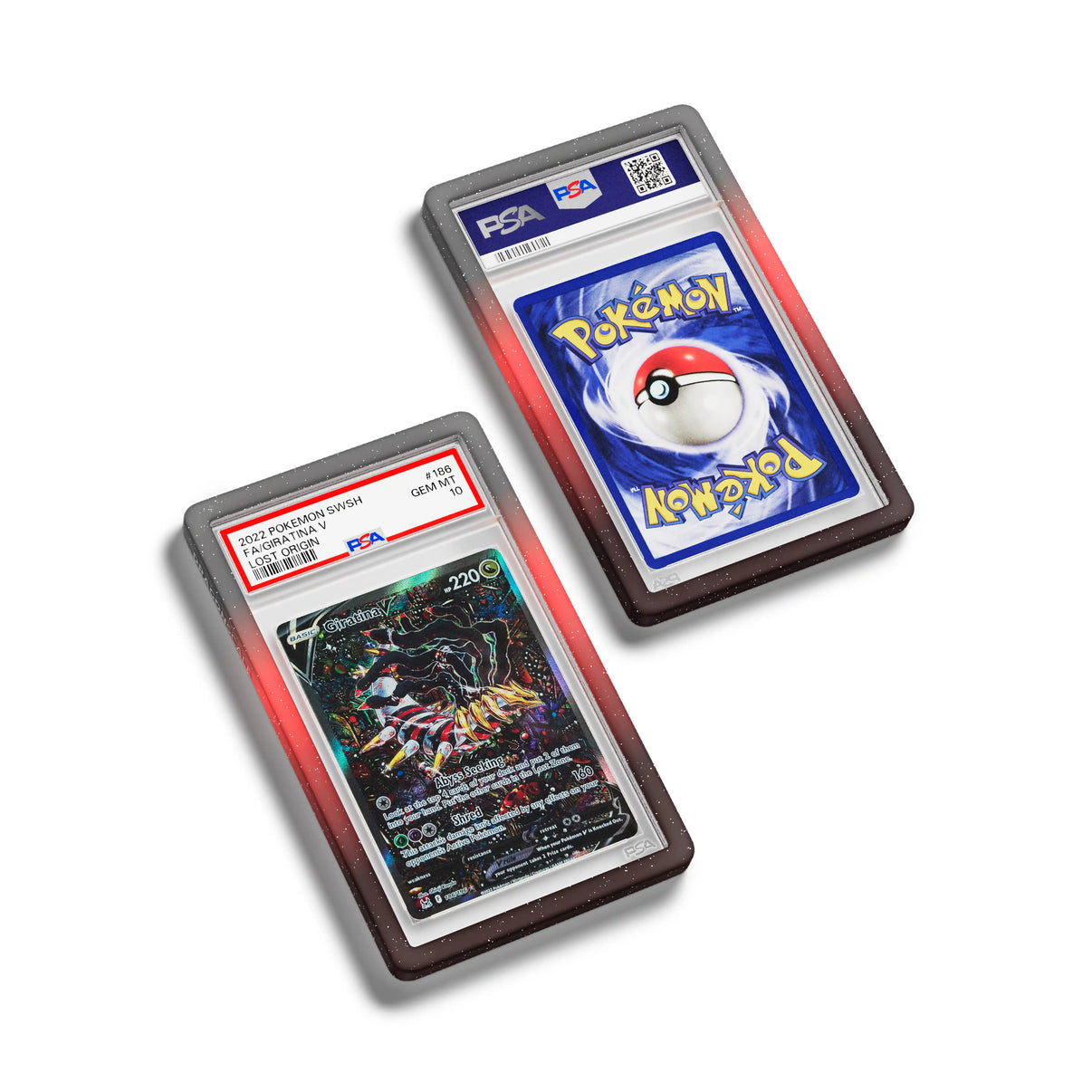 Top-down flat view of a PSA slab in Mythic Corruption Dragonscale bumper guard, featuring a Giratina V Lost Origin PSA 10 Pokemon card.

