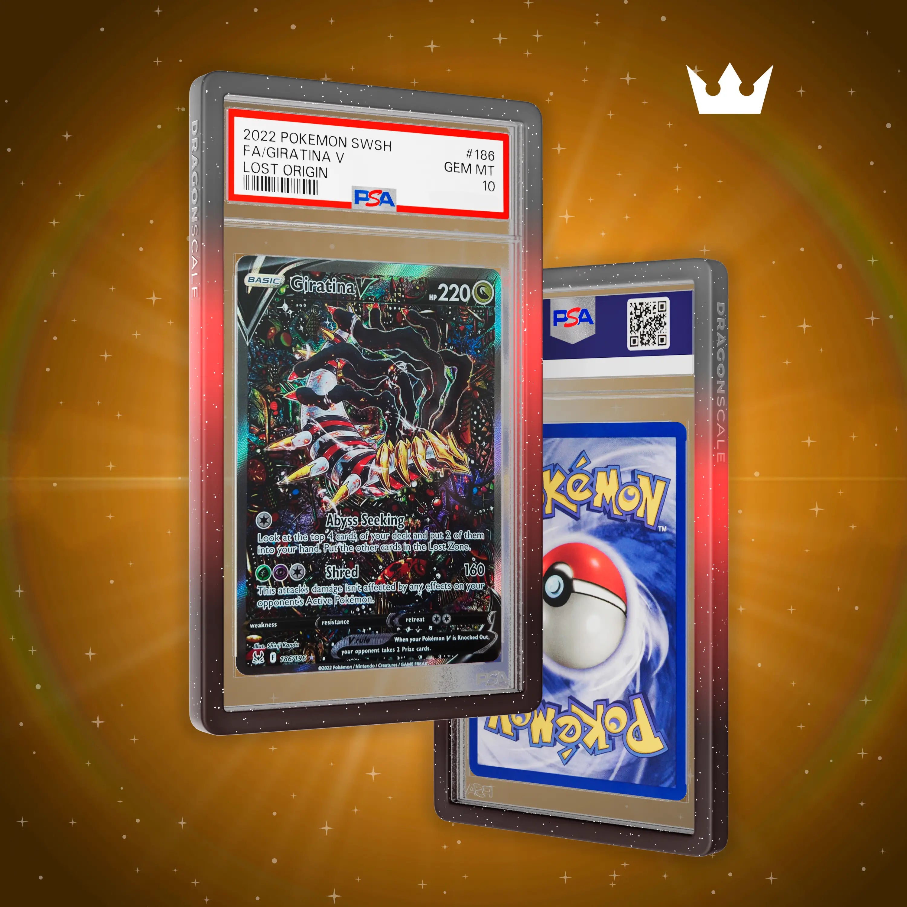 Front and back view of a PSA slab in Mythic Corruption Dragonscale bumper guard,featuring a Giratina V Lost Origin PSA 10 Pokemon card.