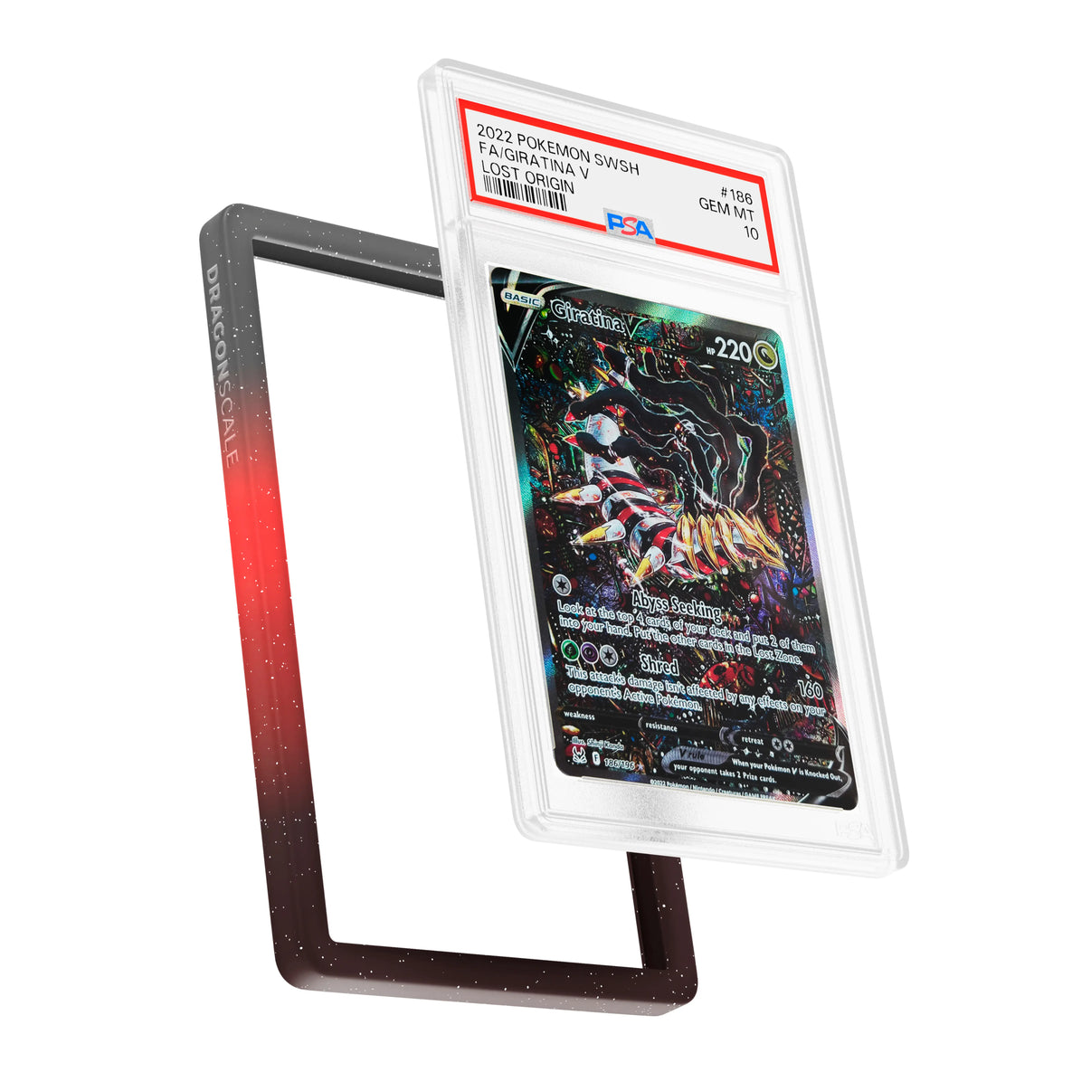Display and demo view of a PSA slab in Mythic Corruption Dragonscale bumper guard, featuring a Giratina V Lost Origin PSA 10 Pokemon card.
