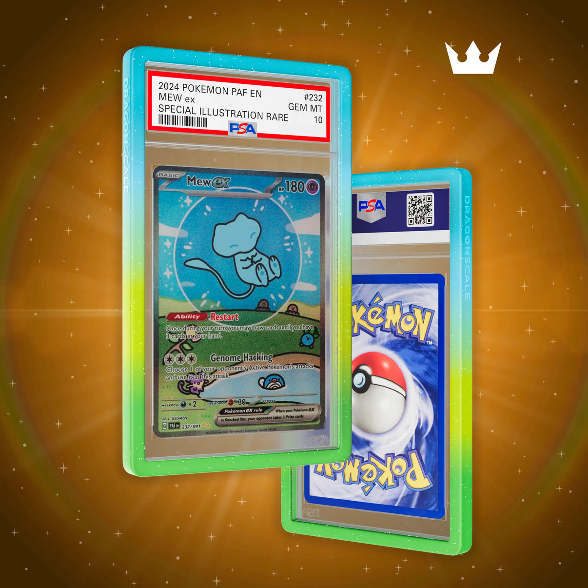 Front and back view of a PSA slab in Mythic Dewdrop Dragonscale bumper guard,featuring a Mew Ex Paldean Fates PSA 10 Pokemon card.
