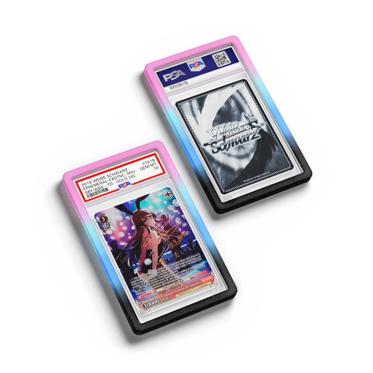 Top-down flat view of a PSA slab in Mythic Dreamscape Dragonscale bumper guard, featuring a Ephemeral Existence Mai Sakurajima Dream Of Bunny Girl PSA 10 Weiss Schwarz card.
