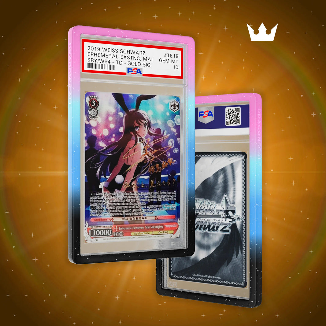 Front and back view of a PSA slab in Mythic Dreamscape Dragonscale bumper guard, featuring a Ephemeral Existence Mai Sakurajima Dream Of Bunny Girl PSA 10 Weiss Schwarz card.