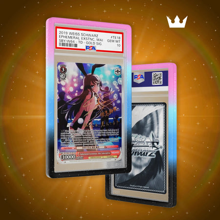 Front and back view of a PSA slab in Mythic Dreamscape Dragonscale bumper guard, featuring a Ephemeral Existence Mai Sakurajima Dream Of Bunny Girl PSA 10 Weiss Schwarz card.