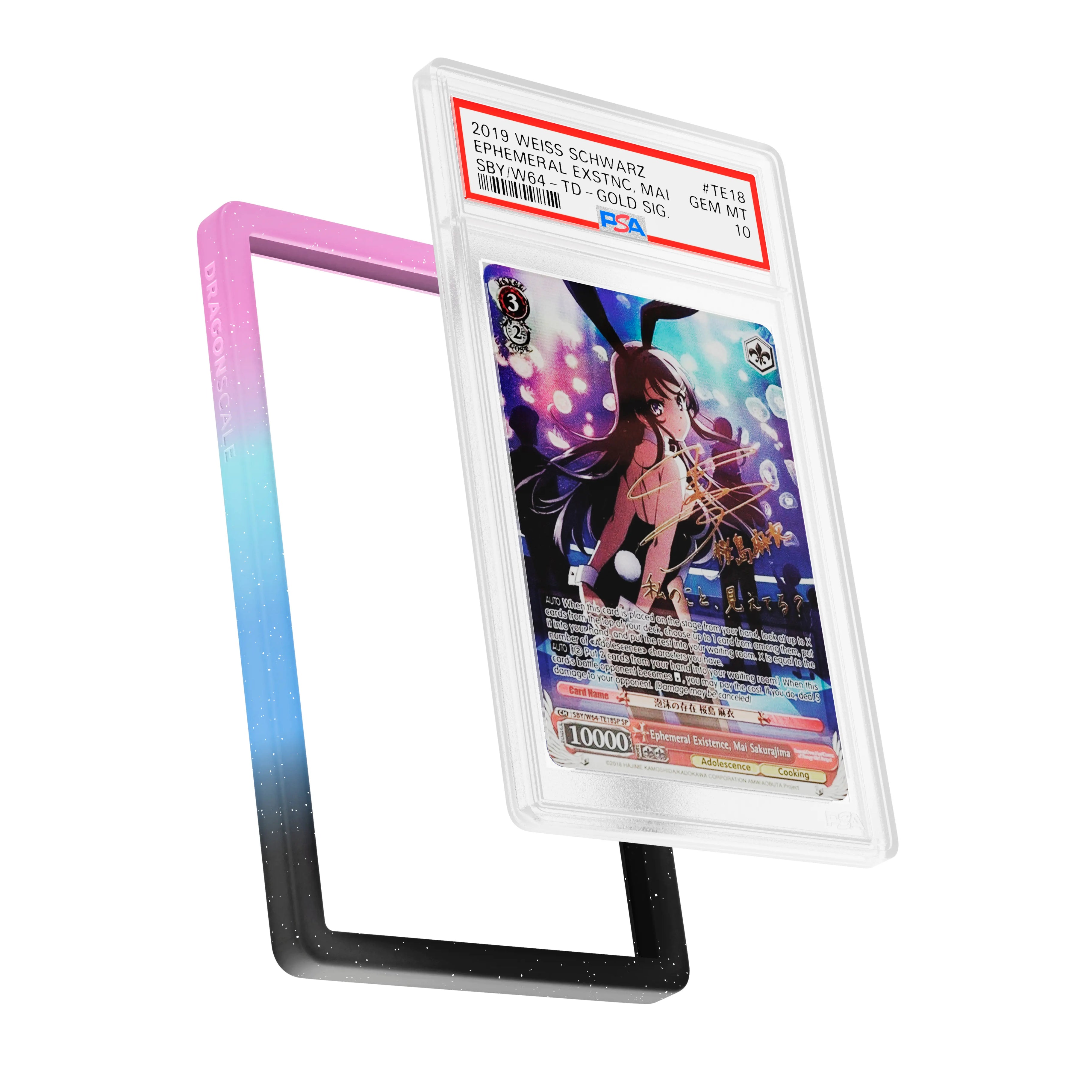 Display and demo view of a PSA slab in Mythic Dreamscape Dragonscale bumper guard, featuring a Ephemeral Existence Mai Sakurajima Dream Of Bunny Girl PSA 10 Weiss Schwarz card.