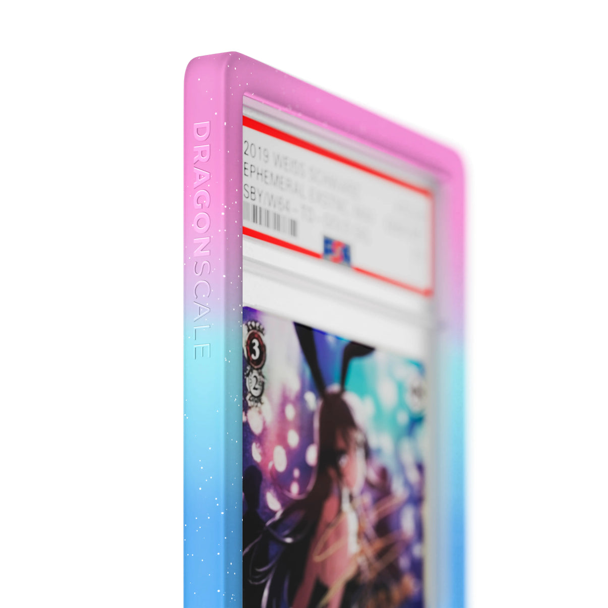 Close up logo zoom view of a PSA slab in Mythic Dreamscape Dragonscale bumper guard, featuring a Ephemeral Existence Mai Sakurajima Dream Of Bunny Girl PSA 10 Weiss Schwarz card.