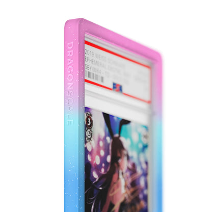 Close up logo zoom view of a PSA slab in Mythic Dreamscape Dragonscale bumper guard, featuring a Ephemeral Existence Mai Sakurajima Dream Of Bunny Girl PSA 10 Weiss Schwarz card.