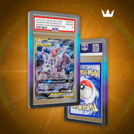 Front and back view of a PSA slab in Mythic Galaxy Dragonscale bumper guard,featuring a Mewtwo & Mew GX Sun and Moon Promo PSA 10 Pokemon card.
