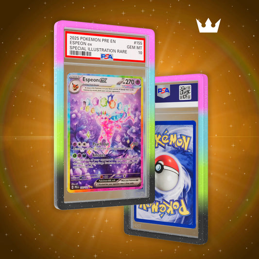 Front and back view of a PSA slab in Mythic Infinity Dragonscale bumper guard, featuring a Espeon ex Prismatic Evolutions PSA 10 Pokemon card.