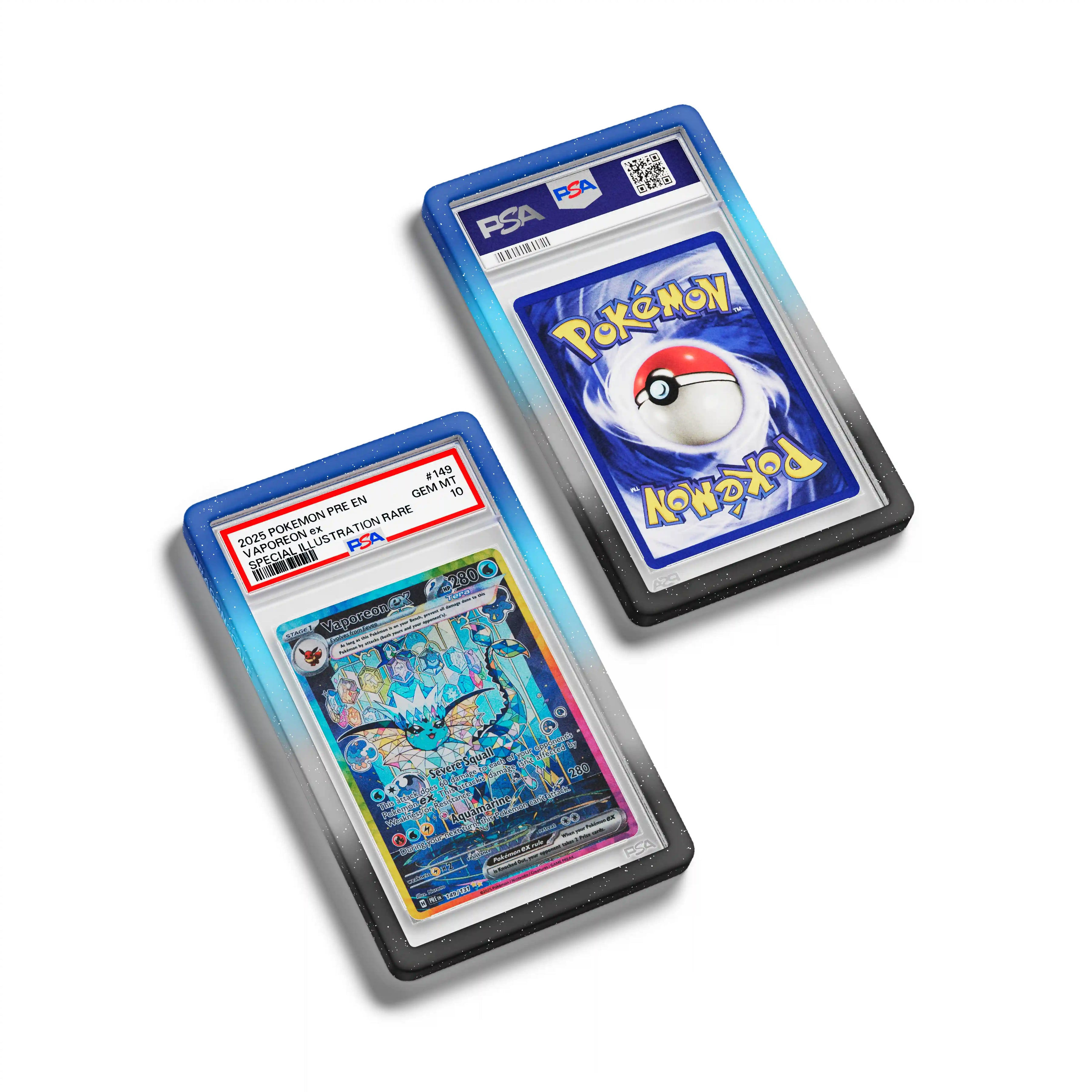 Top-down flat view of a PSA slab in Mythic Moonveil Dragonscale bumper guard, featuring a Vaporeon ex Prismatic Evolutions PSA 10 Pokemon card.