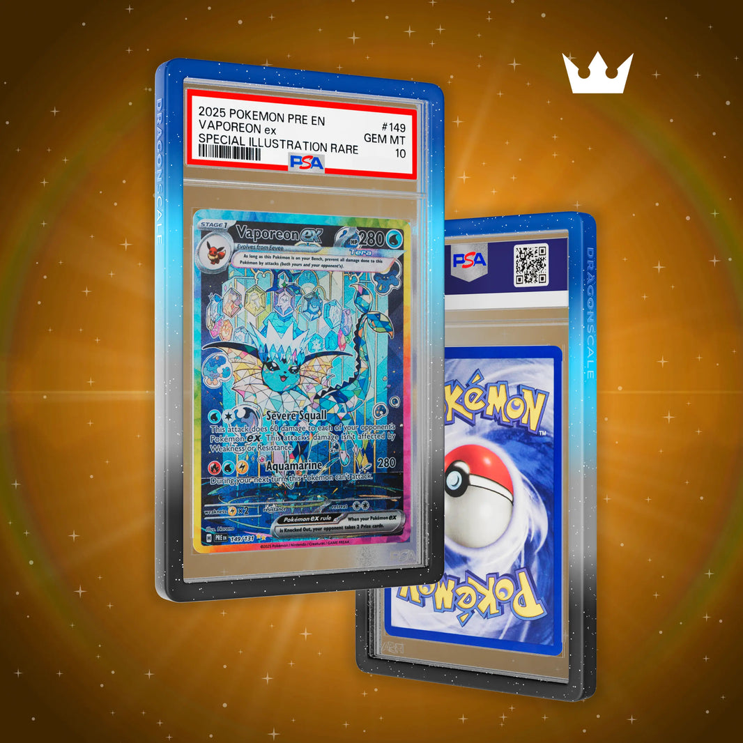 Front and back view of a PSA slab in Mythic Moonveil Dragonscale bumper guard,featuring a Vaporeon ex Prismatic Evolutions PSA 10 Pokemon card.
