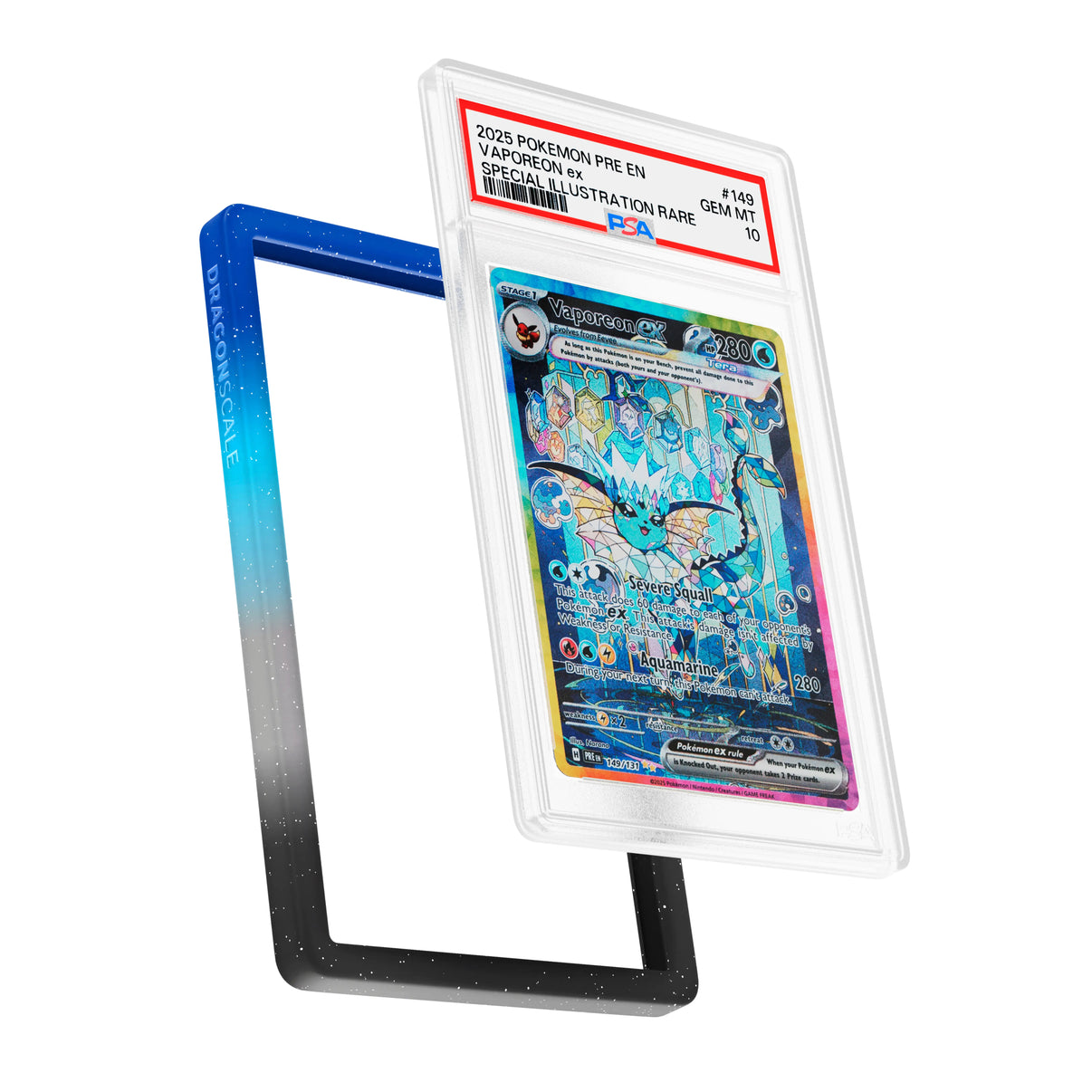 Display and demo view of a PSA slab in Mythic Moonveil Dragonscale bumper guard, featuring a Vaporeon ex Prismatic Evolutions PSA 10 Pokemon card.
