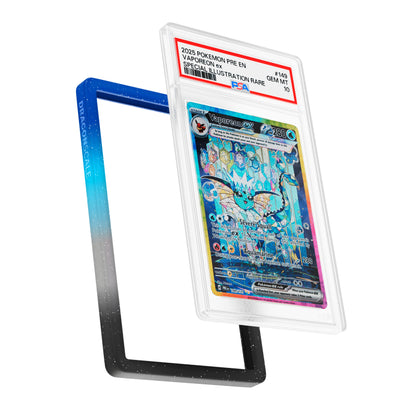 Display and demo view of a PSA slab in Mythic Moonveil Dragonscale bumper guard, featuring a Vaporeon ex Prismatic Evolutions PSA 10 Pokemon card.
