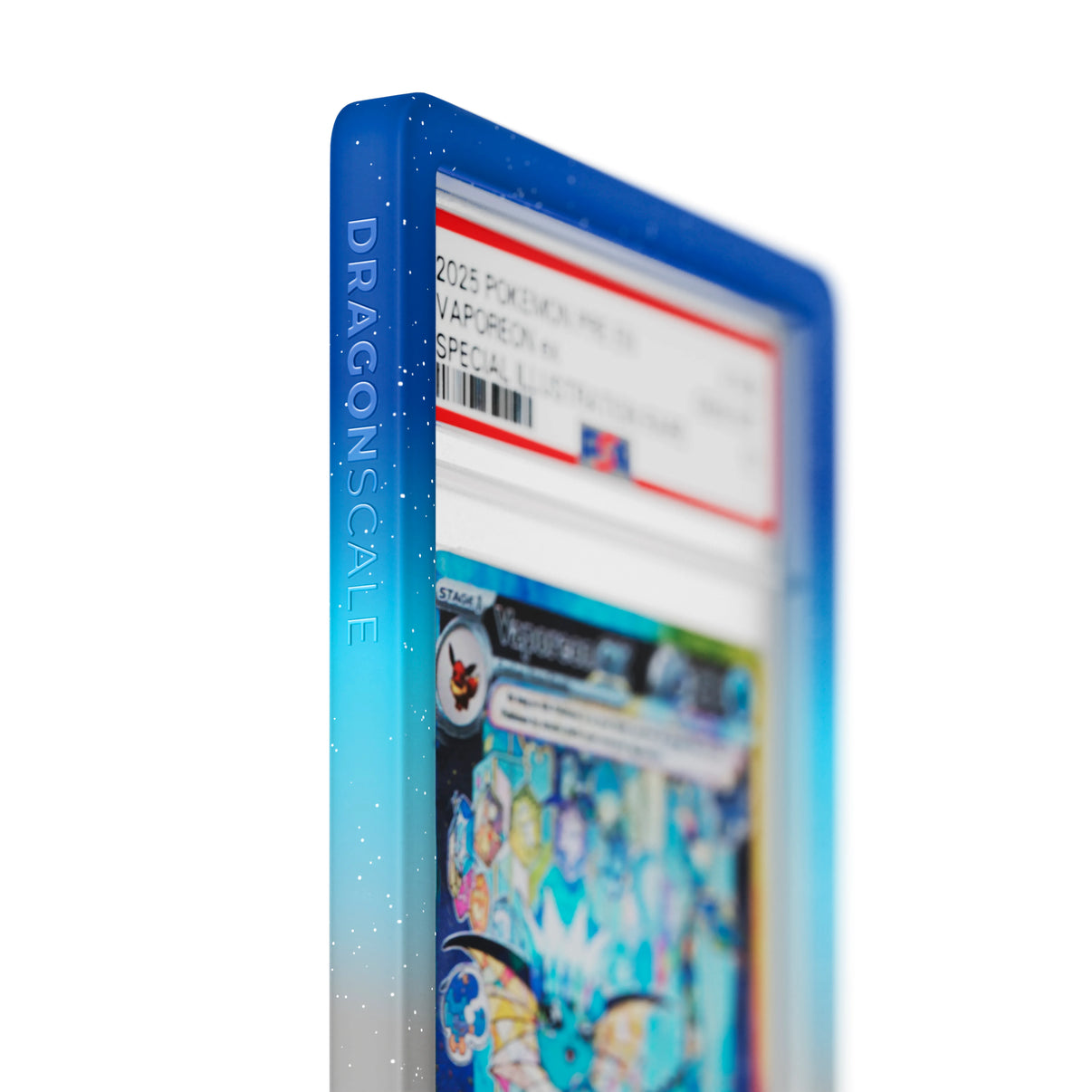 Close up logo zoom view of a PSA slab in Mythic Moonveil Dragonscale bumper guard, featuring a Vaporeon ex Prismatic Evolutions PSA 10 Pokemon card.
