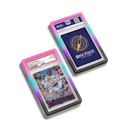 Top-down flat view of a PSA slab in Mythic Neotokyo Dragonscale bumper guard, featuring a Monkey D. Luffy Manga Alternate Art OP05-119 PSA 10 Pokemon card.