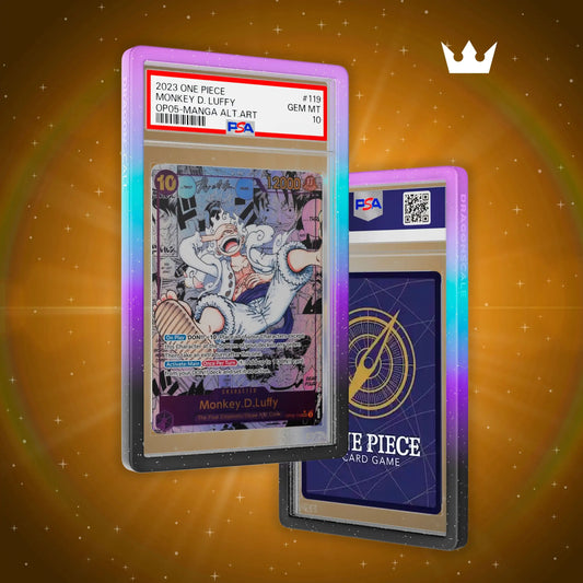 Front and back view of a PSA slab in Mythic Neotokyo Dragonscale bumper guard,featuring a Monkey D. Luffy Manga Alternate Art OP05-119 PSA 10 Pokemon card.
