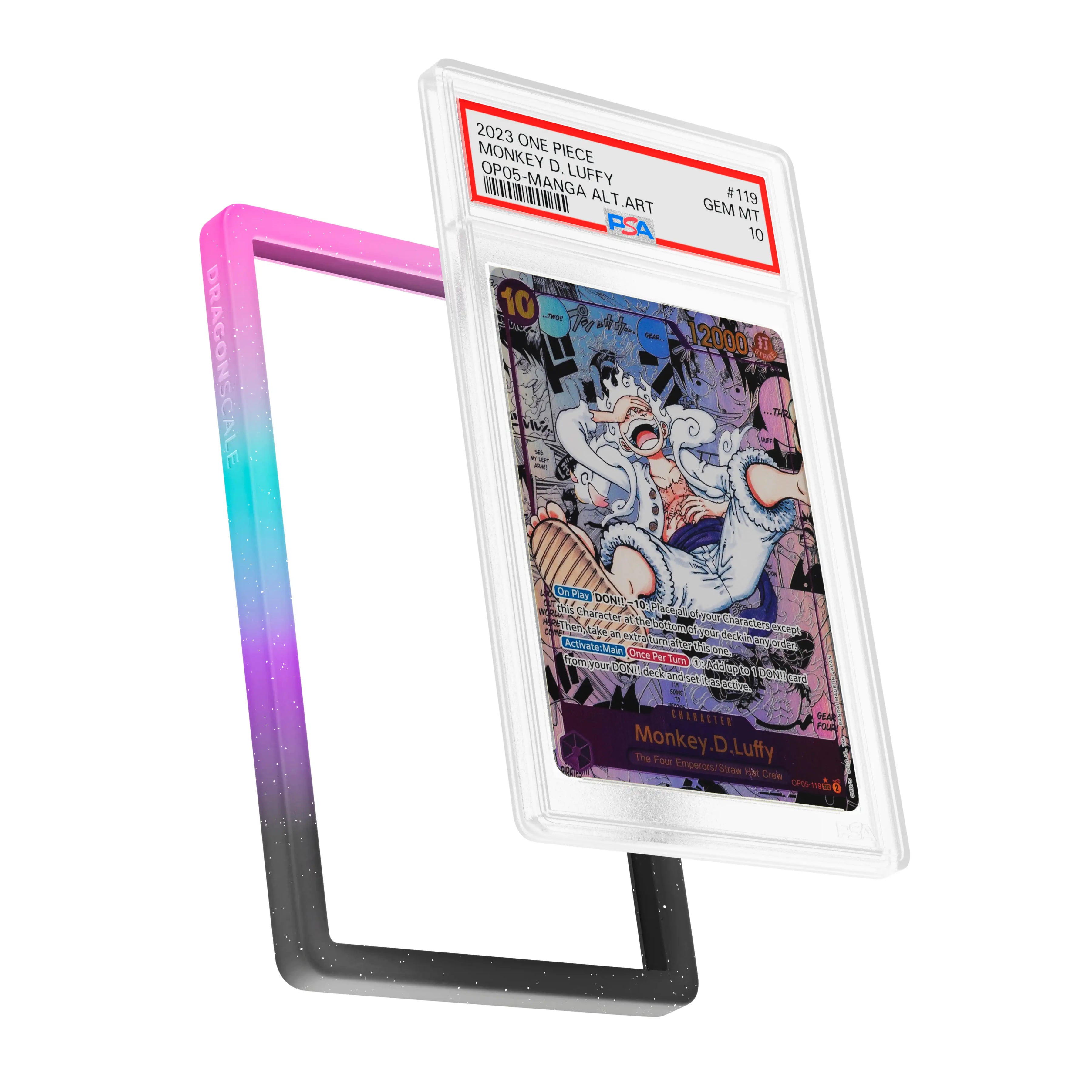 Display and demo view of a PSA slab in  Mythic Neotokyo  Dragonscale bumper guard, featuring a Monkey D. Luffy Manga Alternate Art OP05-119 PSA 10 Pokemon card.
