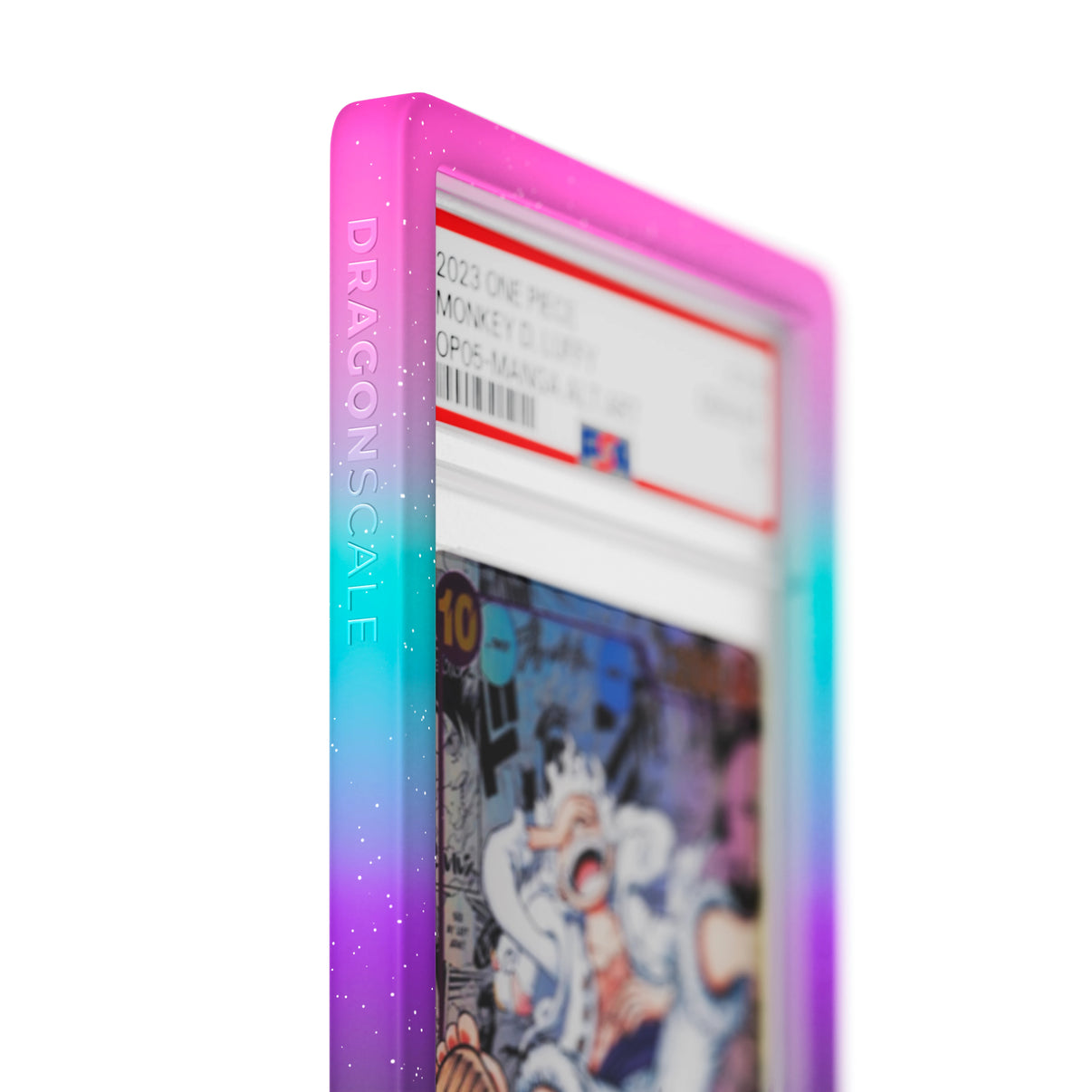 Close up logo zoom view of a PSA slab in Mythic Neotokyo Dragonscale bumper guard, featuring a Monkey D. Luffy Manga Alternate Art OP05-119 PSA 10 Pokemon card.
