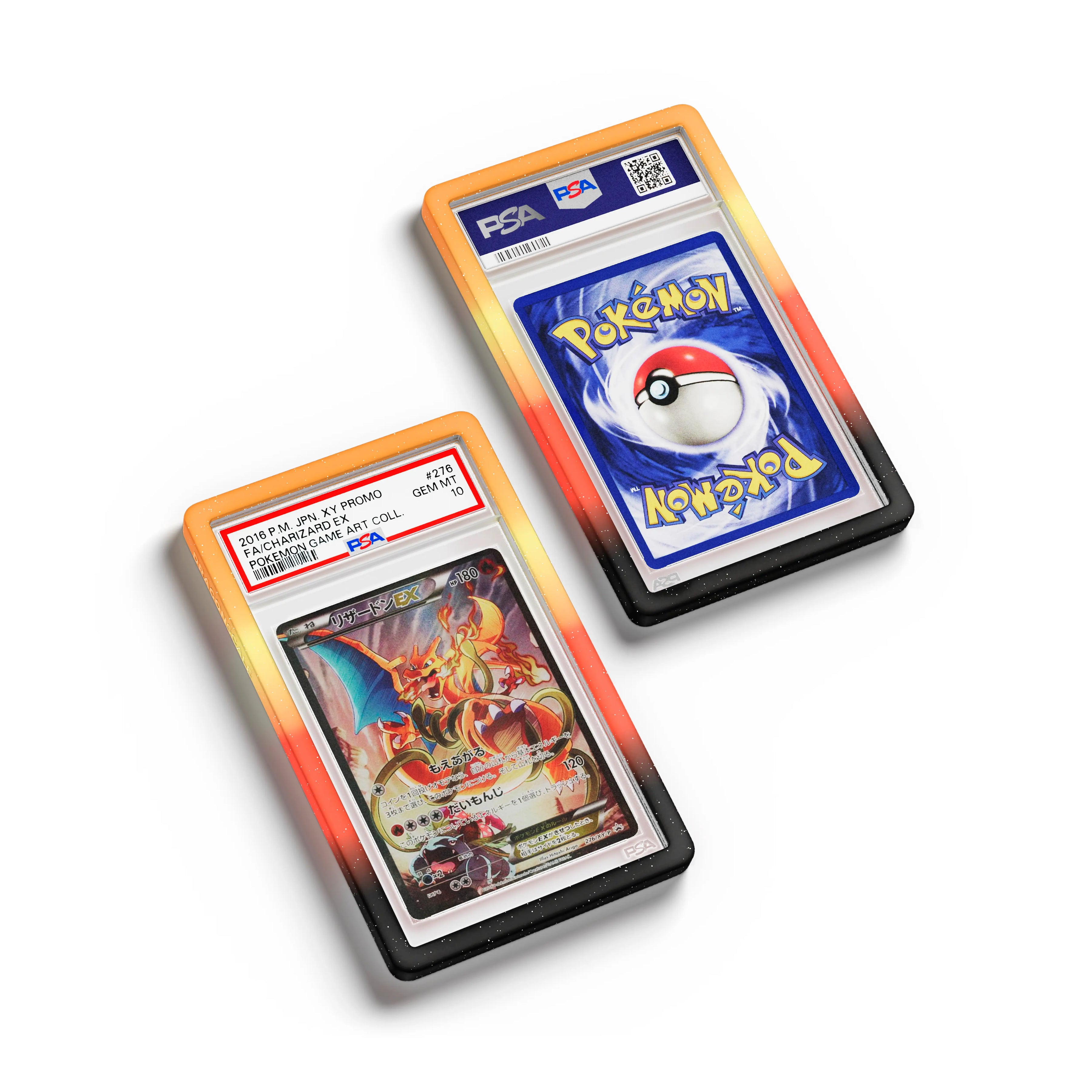 Top-down flat view of a PSA slab in Mythic Overheat Dragonscale bumper guard, featuring a Charizard Ex Japanese XY Promos PSA 10 Pokemon card.