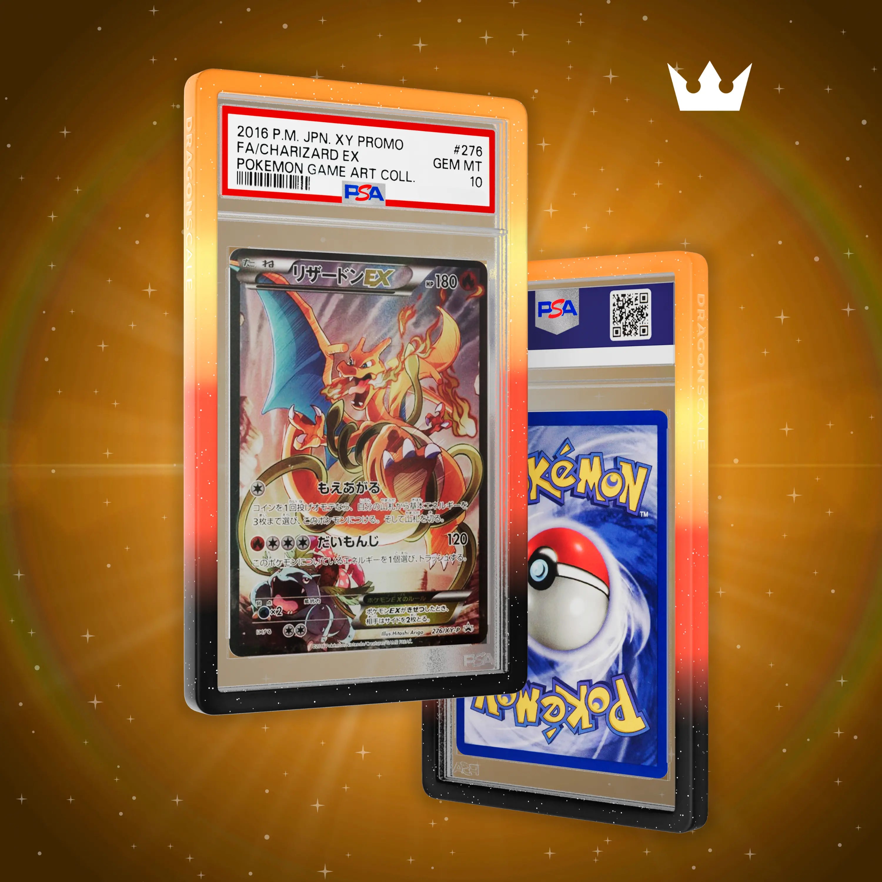 Front and back view of a PSA slab in Mythic Overheat Dragonscale bumper guard, featuring a Charizard Ex Japanese XY Promos PSA 10 Pokemon card.