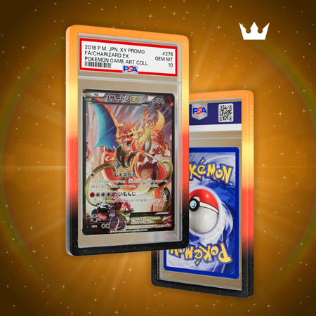 Front and back view of a PSA slab in Mythic Overheat Dragonscale bumper guard, featuring a Charizard Ex Japanese XY Promos PSA 10 Pokemon card.