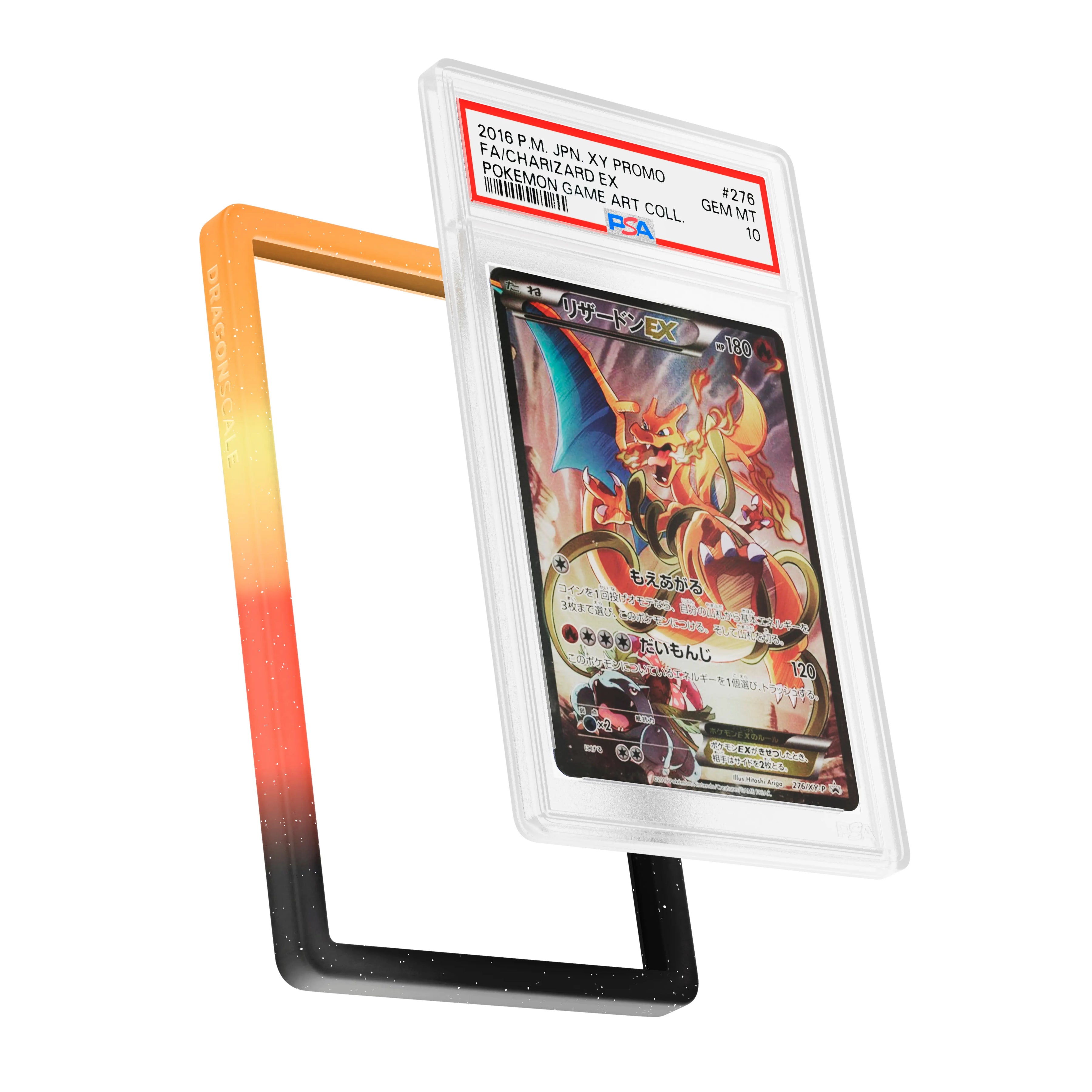 Display and demo view of a PSA slab in  Mythic Overheat Dragonscale bumper guard, featuring a Charizard Ex Japanese XY Promos PSA 10 Pokemon card.