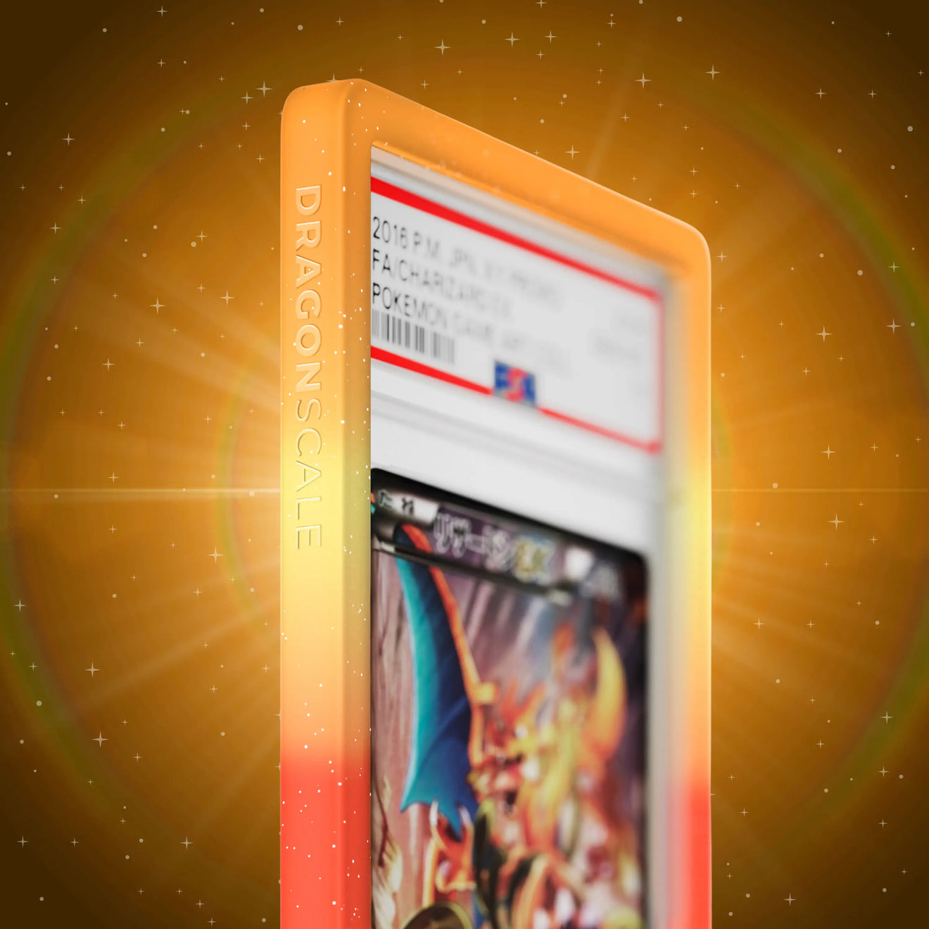 Close up logo zoom view of a PSA slab in Mythic Overheat Dragonscale bumper guard, featuring a Charizard Ex Japanese XY Promos PSA 10 Pokemon card.