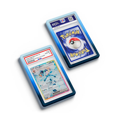 Top-down flat view of a PSA slab in Mythic Permafrost Dragonscale bumper guard, featuring a Glaceon Ex Prismatic Evolution PSA 10 Pokemon card.