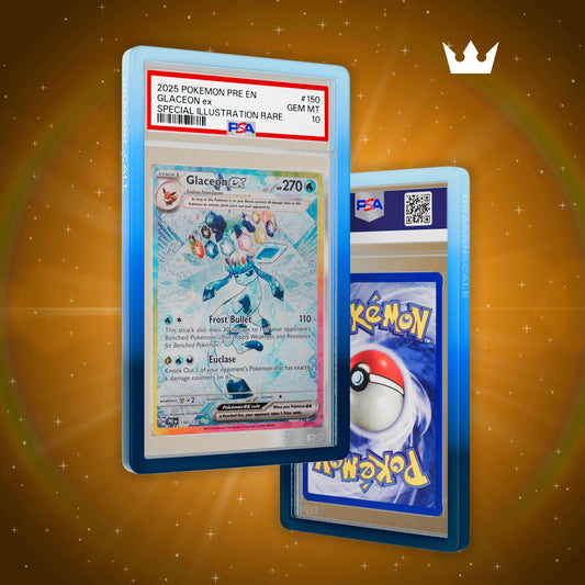 Front and back view of a PSA slab in Mythic Permafrost Dragonscale bumper guard, featuring a Glaceon Ex Prismatic Evolution PSA 10 Pokemon card.