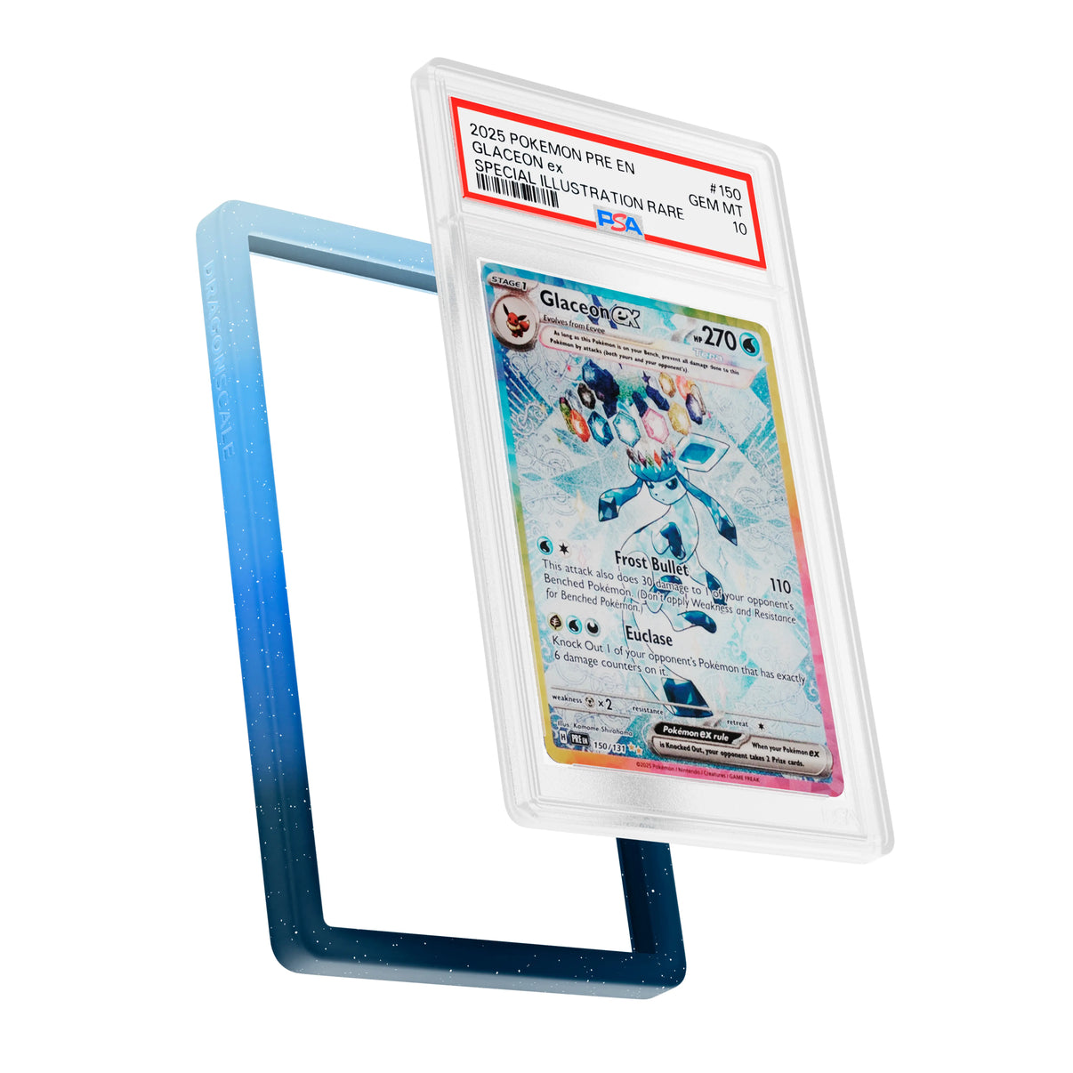 Display and demo view of a PSA slab in  Mythic Permafrost Dragonscale bumper guard, featuring a Glaceon Ex Prismatic Evolution PSA 10 Pokemon card.