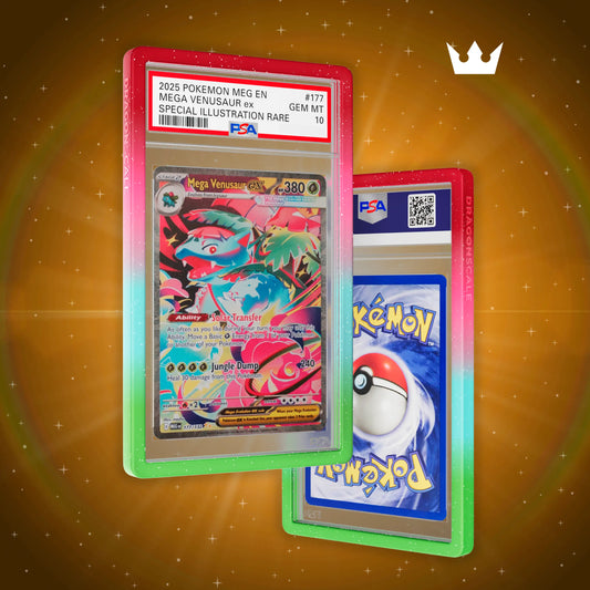 Front and back view of a PSA slab in Mythic Petalstorm Dragonscale bumper guard,featuring a Mega Venusaur ex PSA 10 Pokemon card.
