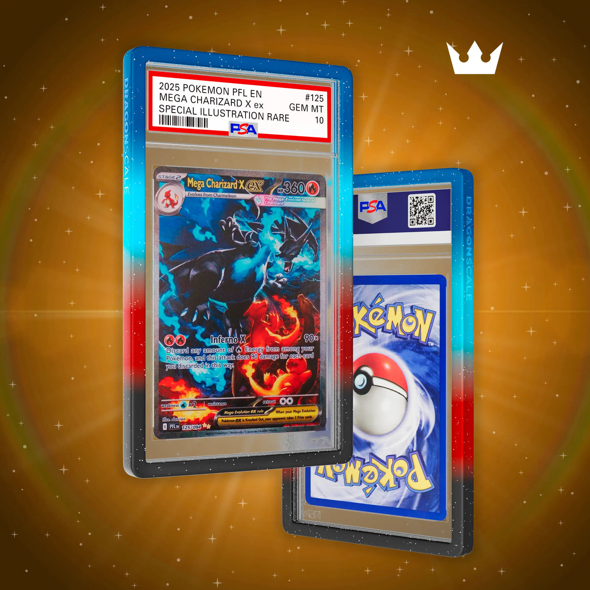 Front and back view of a PSA slab in Mythic Pyroclasm Dragonscale bumper guard, featuring a Mega Charizard X ex PSA 10 Pokemon card.