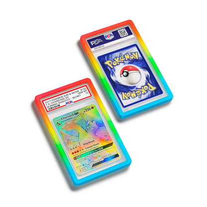 Top-down flat view of a PSA slab in Mythic Rainbow Dragonscale bumper guard, featuring a Charizard GX (Secret) Burning Shadows PSA 10 Pokemon card.
