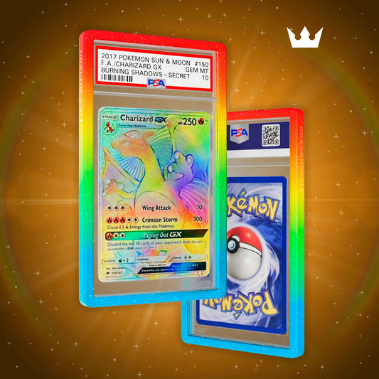 Front and back view of a PSA slab in Mythic Rainbow Dragonscale bumper guard,featuring a Charizard GX (Secret) Burning Shadows PSA 10 Pokemon card.
