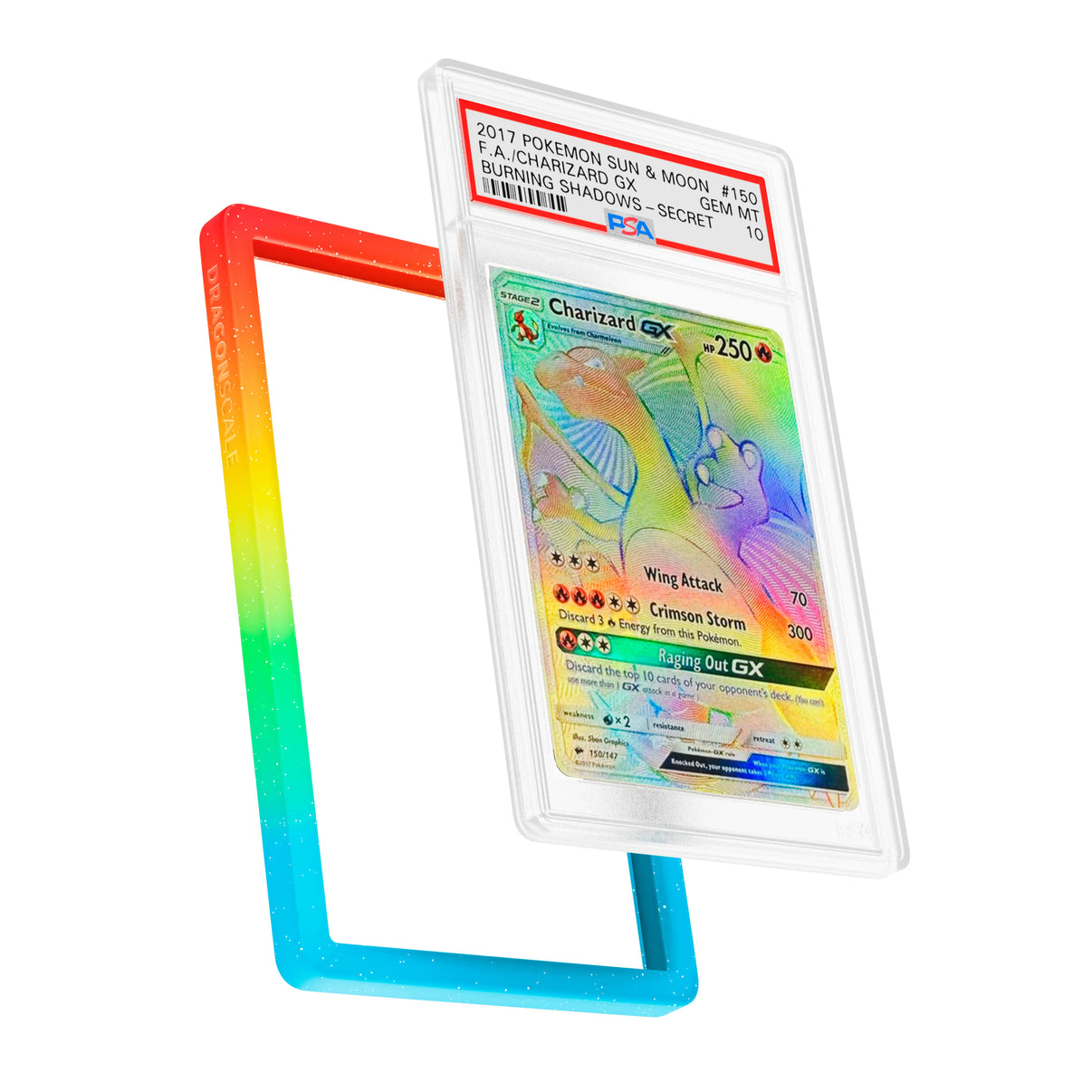 Display and demo view of a PSA slab in Mythic Rainbow  Dragonscale bumper guard, featuring a Charizard GX (Secret) Burning Shadows PSA 10 Pokemon card.
