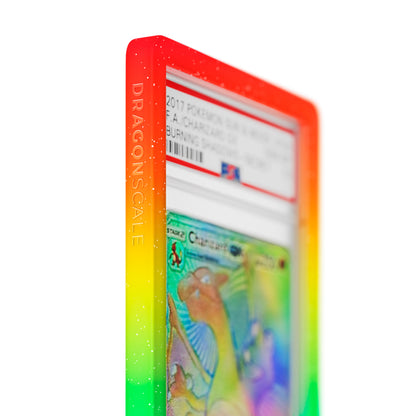 Close up logo zoom view of a PSA slab in Mythic Rainbow Dragonscale bumper guard, featuring a Charizard GX (Secret) Burning Shadows PSA 10 Pokemon card.
